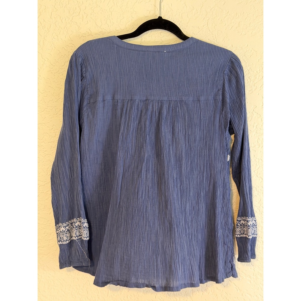 Lucky Brand Embroidered Peasant Top Blue L Womens Popover Boho Gauze Blouse - Picture 12 of 14